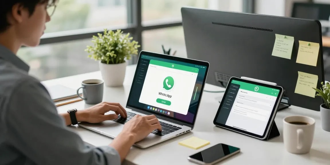 WhatsApp下載 in a productive tech workspace showcasing a user engaging with the application on multiple devices.