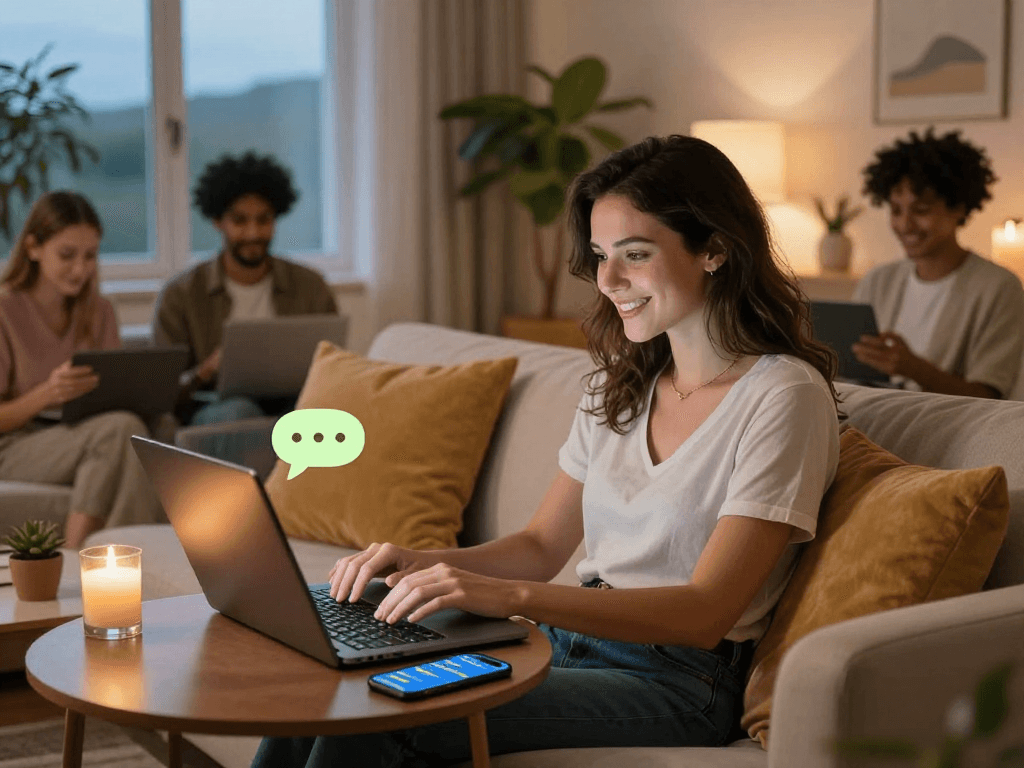 Engaging sex chat ai interaction in a cozy living room setting, with a woman smiling while chatting online.