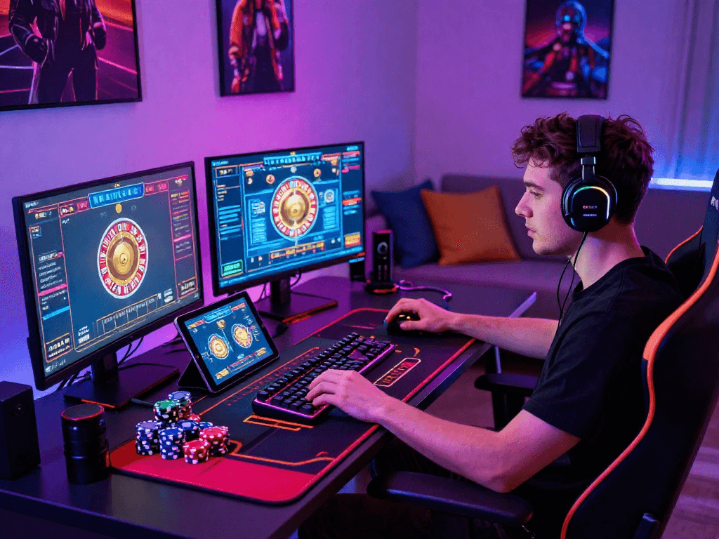 Engaged player in a crypto casino setting with vibrant screens and gaming accessories.