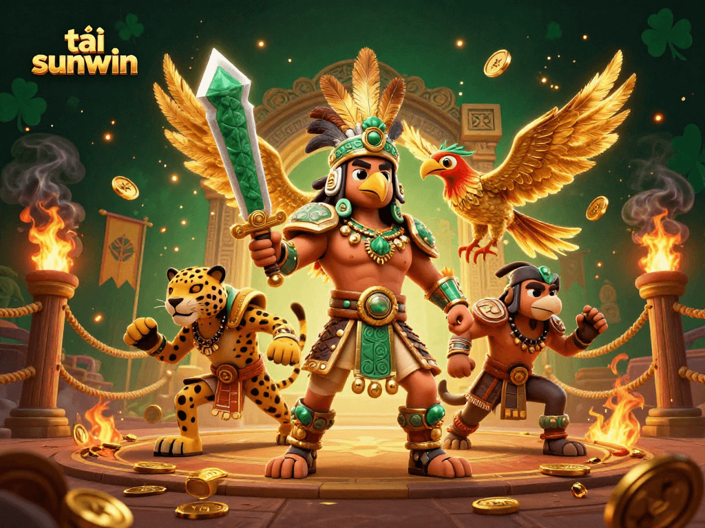 Tải sunwin showcases a vibrant casino battle scene featuring Aztec warriors and golden elements.