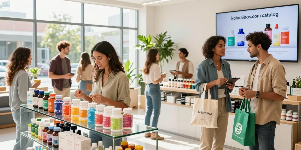 Shoppers exploring the koiaminos.com/catalog in a modern retail space, engaging with colorful health supplements.