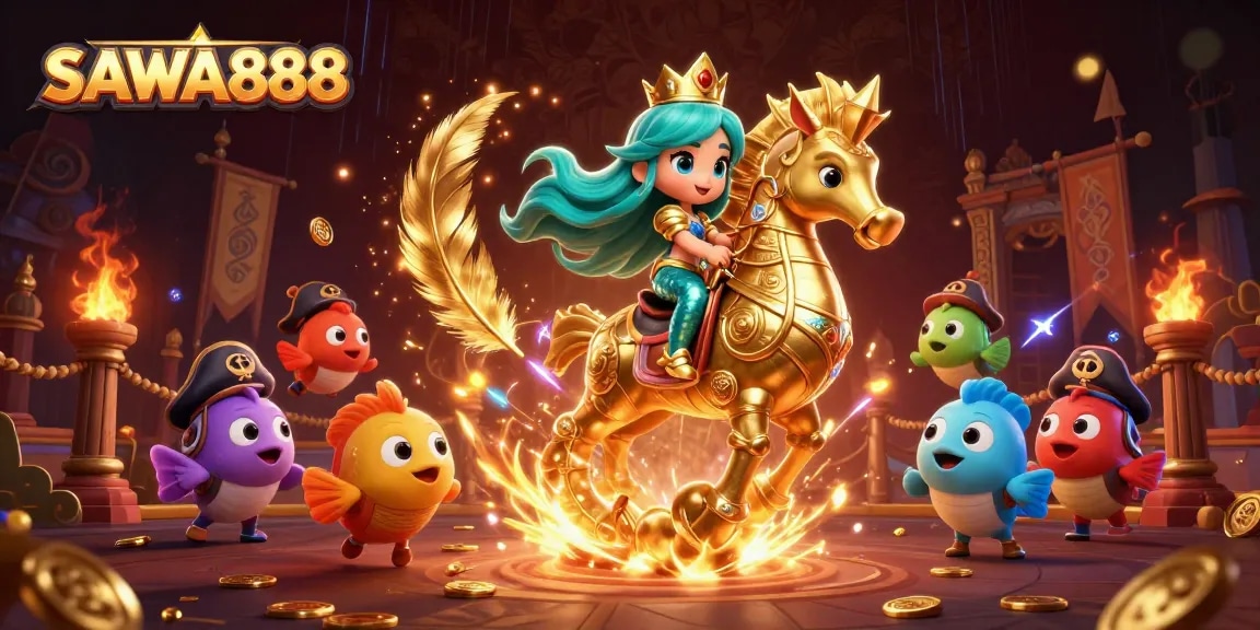 SAWA888 offers thrilling gameplay with a colorful mermaid and sea creatures riding waves of excitement.