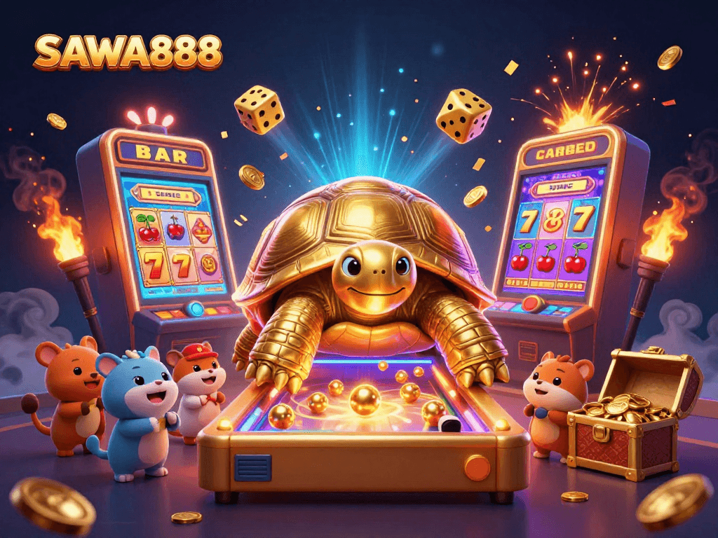 Experience the thrill of SAWA888 with vibrant slot and gaming elements in a lively casino scene.