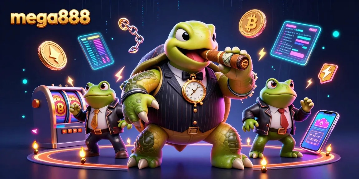 Experience excitement with mega888 as the massive turtle deals classic slots surrounded by vibrant crypto icons.
