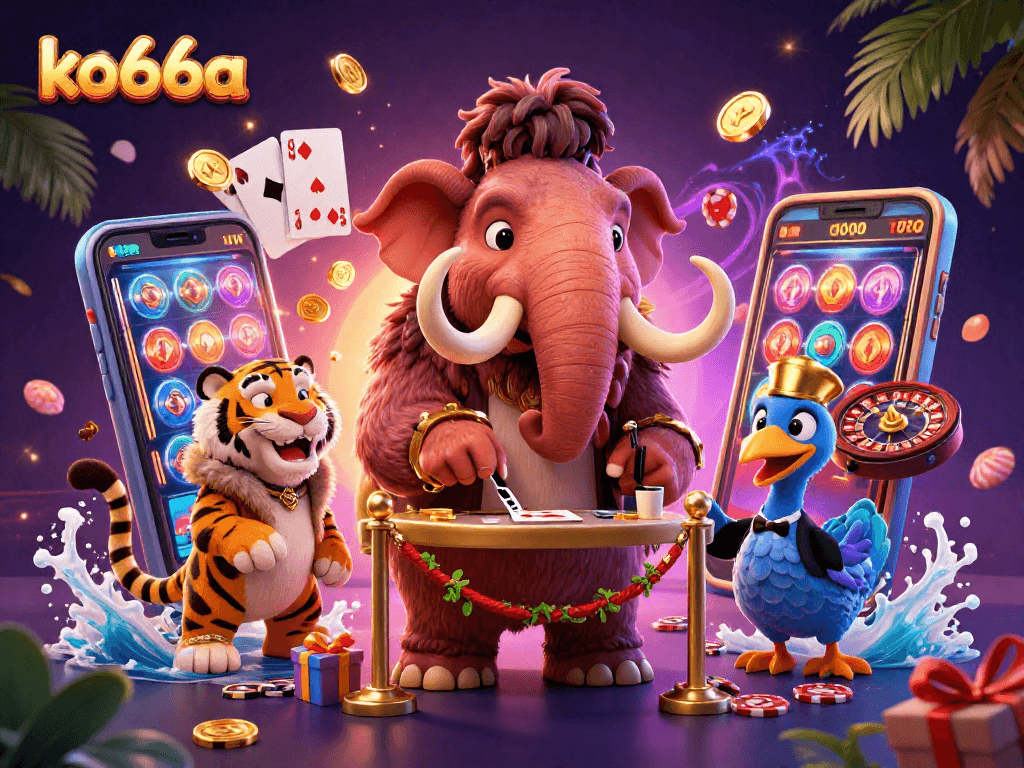 Win big with ko66a's vibrant casino experience featuring characters interacting with gaming elements.