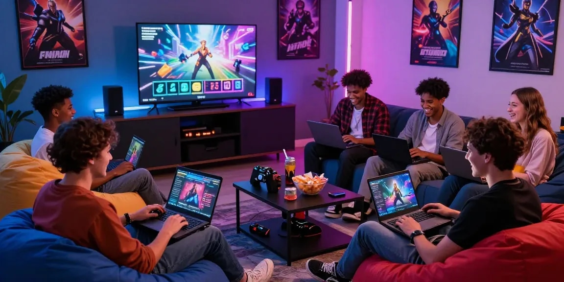 Young adults enjoying various html porn games in a vibrant gaming room with modern decor.