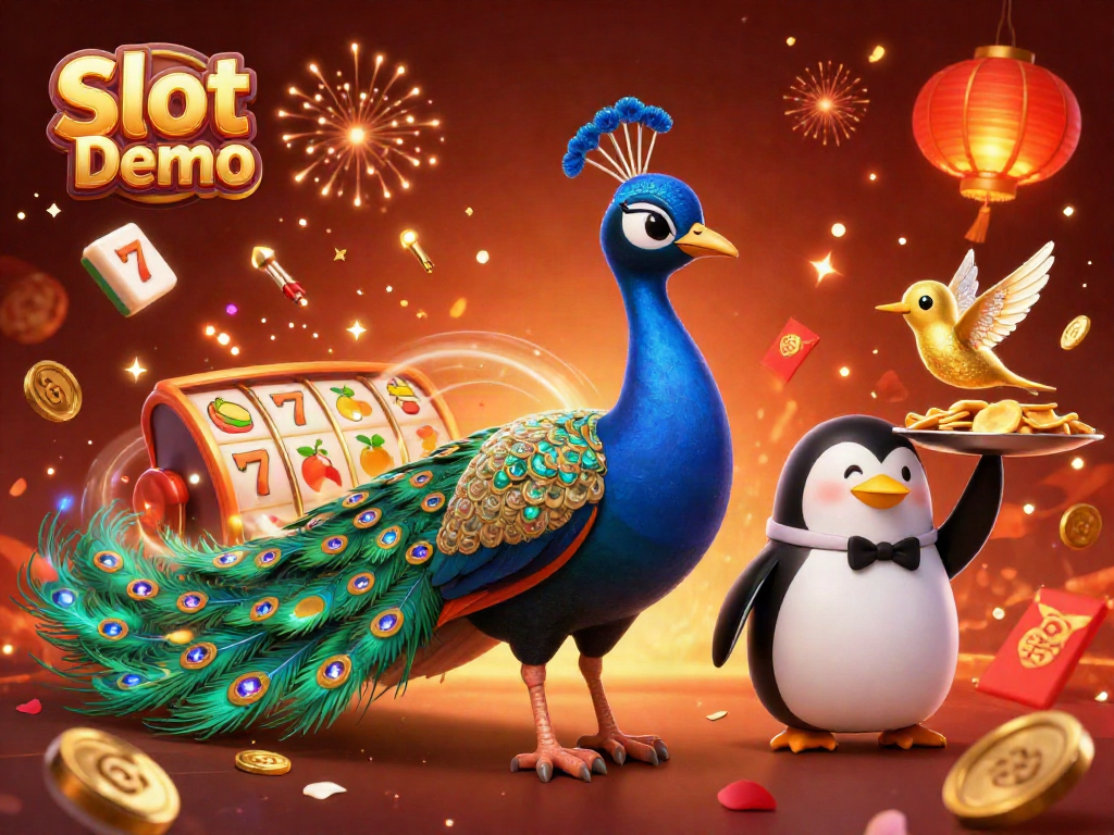 Engage with the Slot Demo scene featuring flamboyant characters, dynamic slot elements, and festive details.