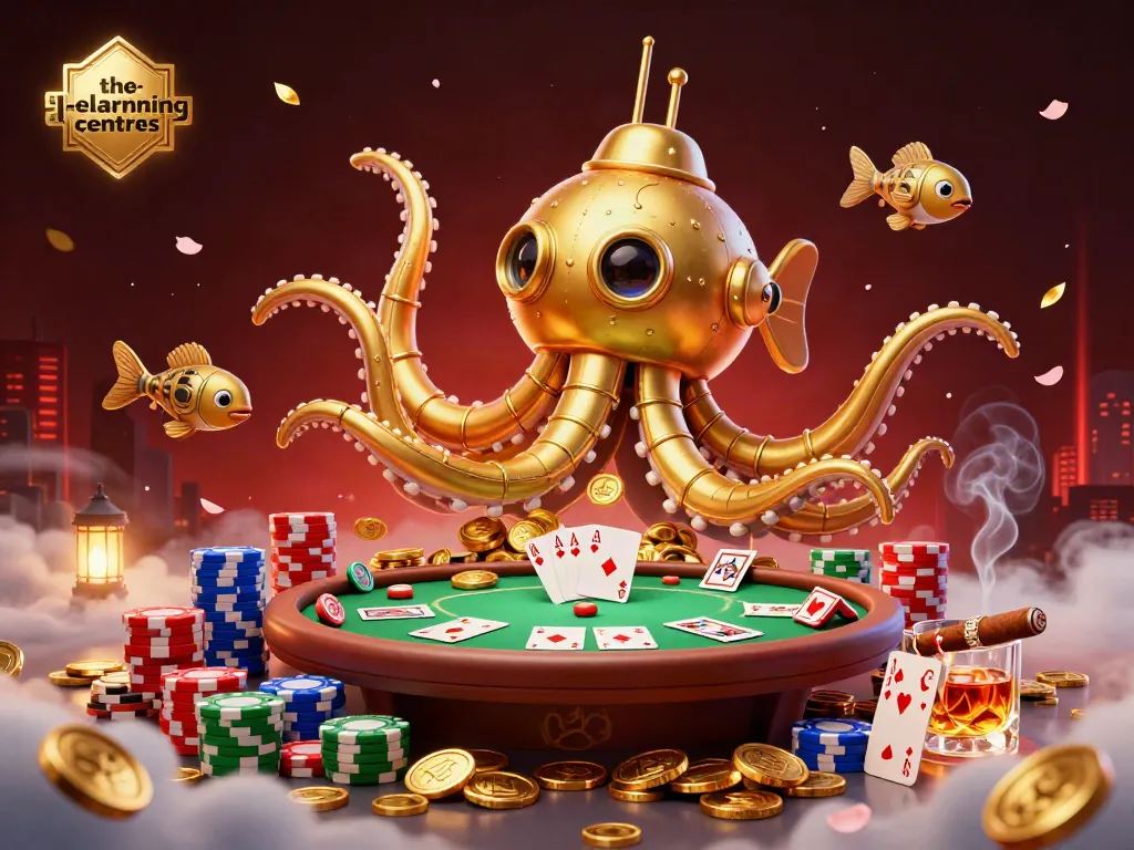 The learning centres illustrate a vibrant casino scene filled with a golden kraken submarine, mechanical fish, poker elements, and rich details.