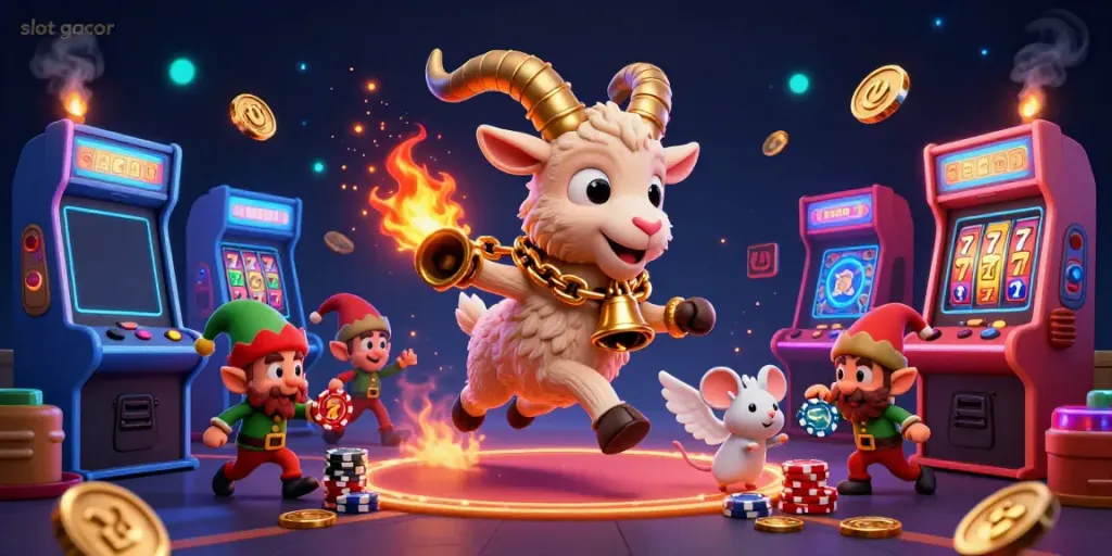 Engaging scene of slot gacor gaming with Krampus, angel mouse, and elf gremlins in a holiday casino.