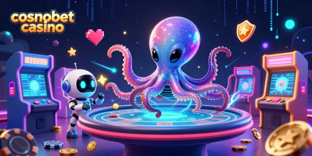 Experience the excitement of cosmobet casino with a vibrant 3D illustration showcasing an alien octopus and robot at a poker table.