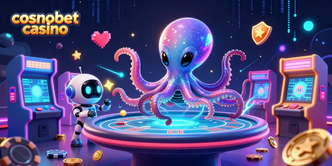 Experience the excitement of cosmobet casino with a vibrant 3D illustration showcasing an alien octopus and robot at a poker table.