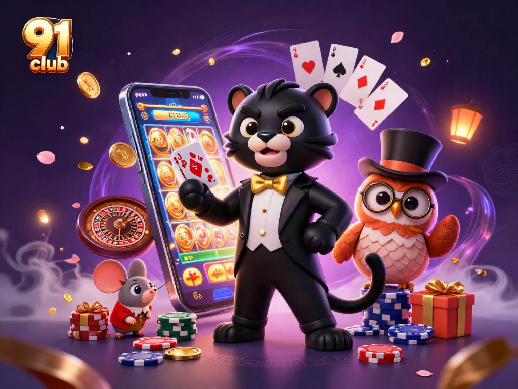Engage with the thrilling world of 91 club as a panther deals cards, surrounded by vibrant gaming elements.