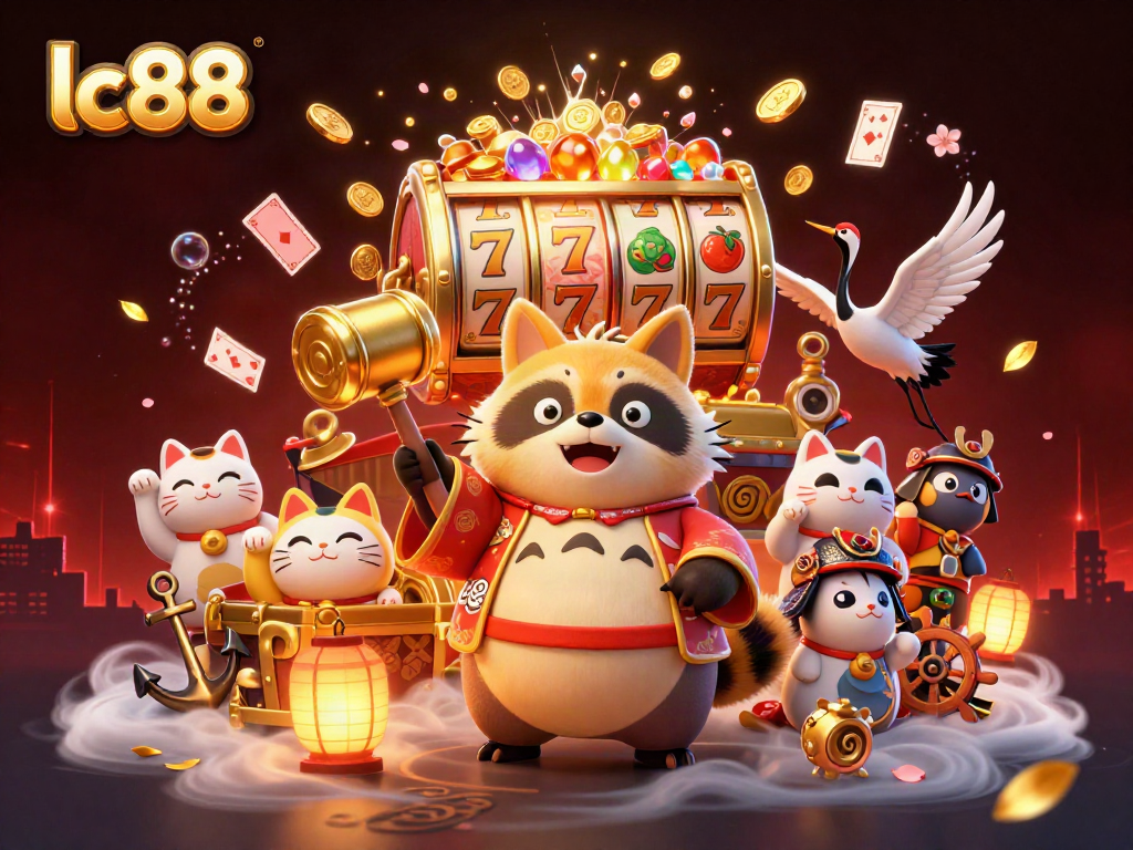 Play at lc88 casino with cheerful tanuki and lucky symbols in a vibrant 3D illustration.