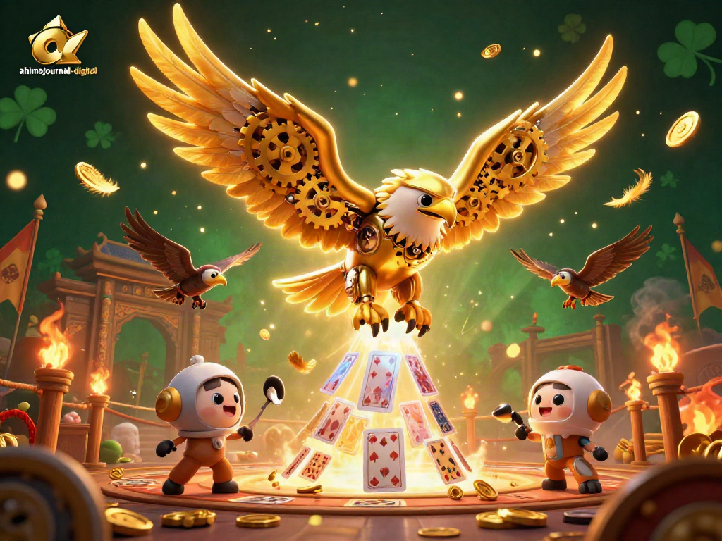 Place bets and win big with ahimajournal-digital's dynamic casino scene featuring a golden eagle and holographic cards