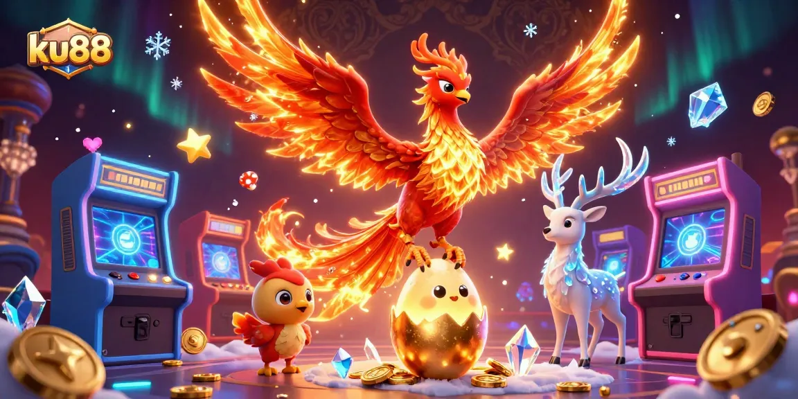 ku88 dazzles players with a vibrant illustration of a phoenix and gaming elements in a rich casino scene.