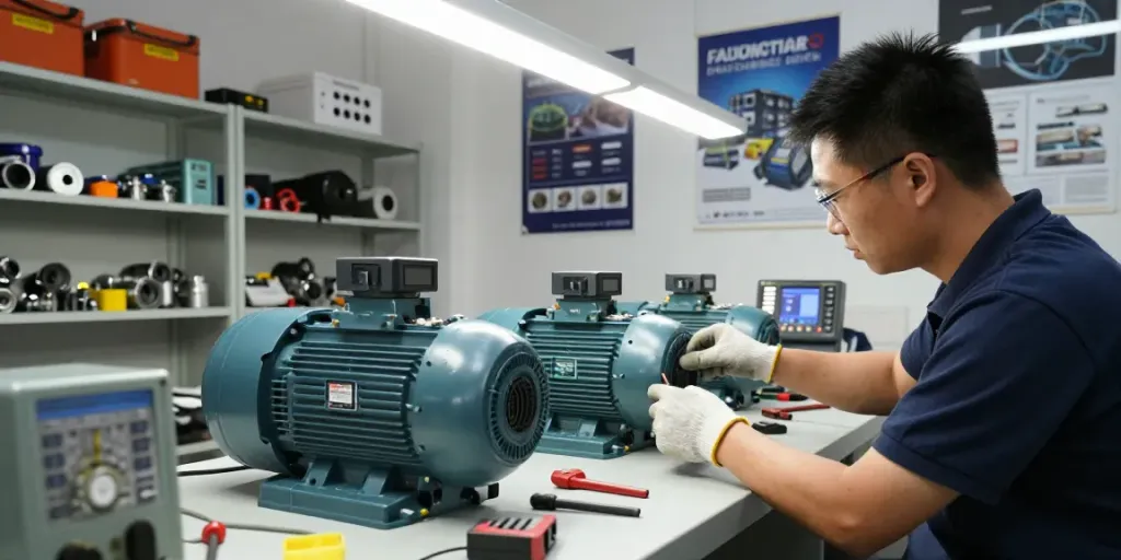 Motores eléctricos en Venezuela en un taller industrial con técnicos ajustando un motor eléctrico.