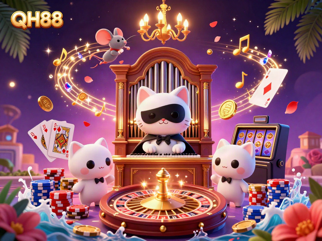 Experience the thrills of QH88 with a vibrant casino scene featuring dynamic characters and games.
