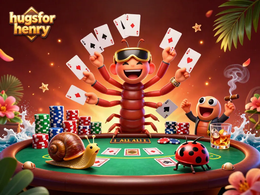 Engage with the "hugsforhenry" casino experience featuring a cartoon dealer managing cards at a vibrant poker table.