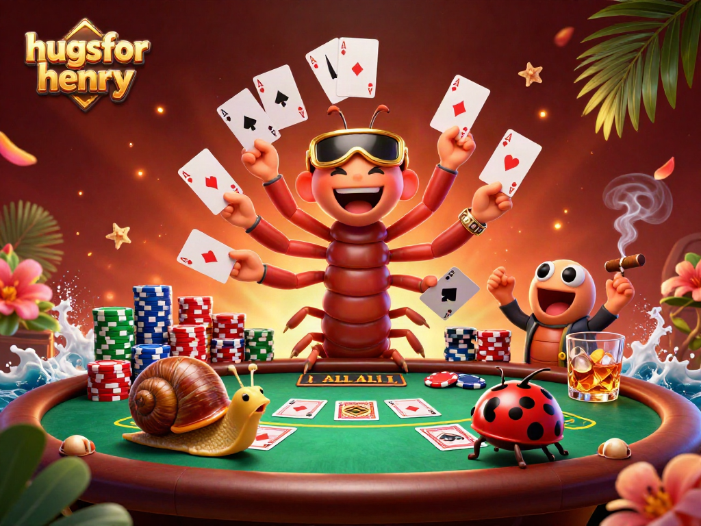 Engage with the "hugsforhenry" casino experience featuring a cartoon dealer managing cards at a vibrant poker table.