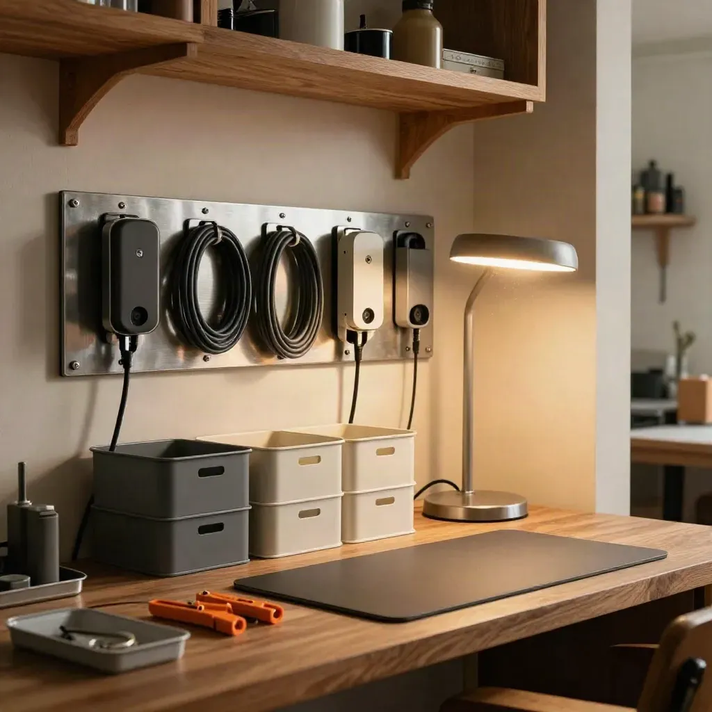 Workshop corner with wall rails, charging docks, bins, bench light and mat in a warm utility setup.