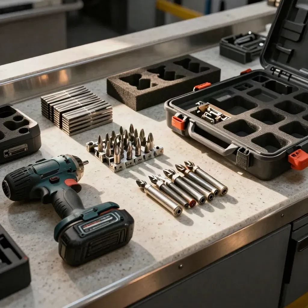 Top-down parts-sourcing layout of batteries, drill bits, fixings and an open tool case on travertine.
