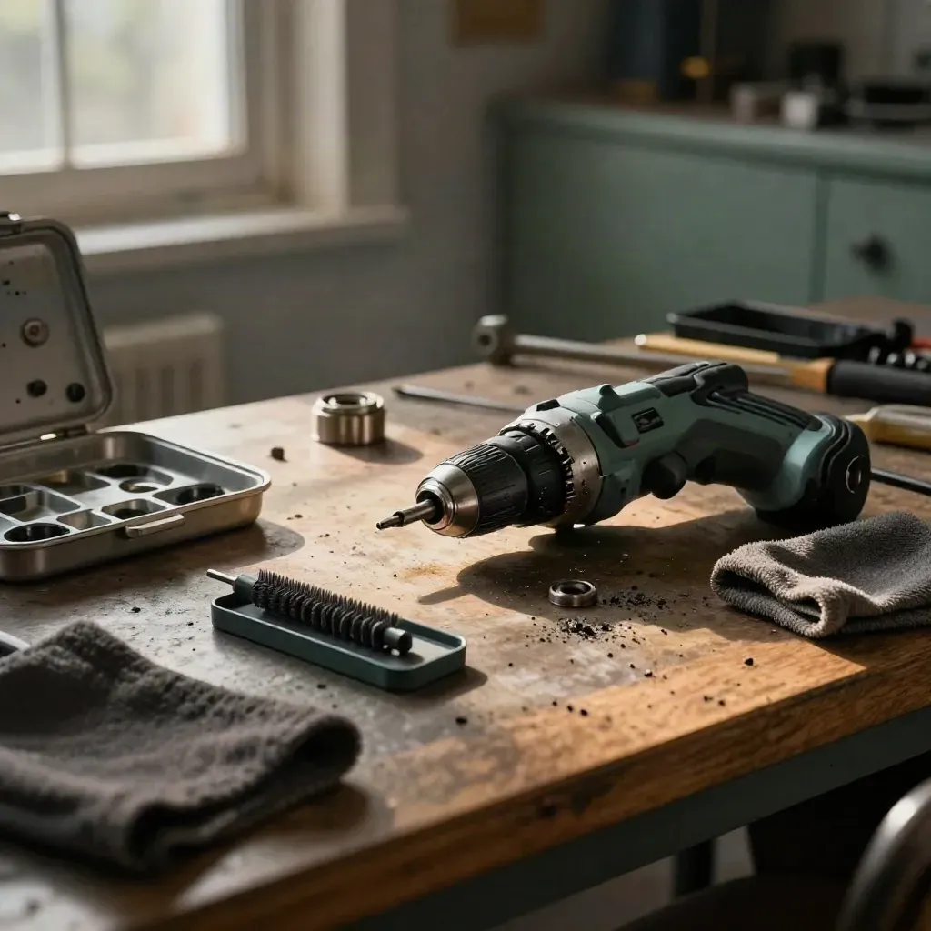Cordless drill parts laid out on a UK repair bench in moody workshop light