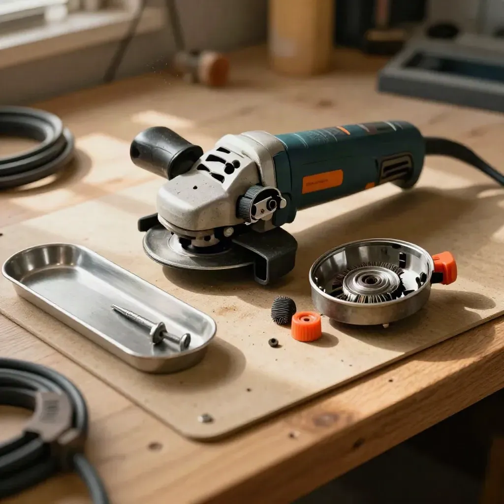 Angle grinder repair parts on a warm workshop bench, paused before reassembly.
