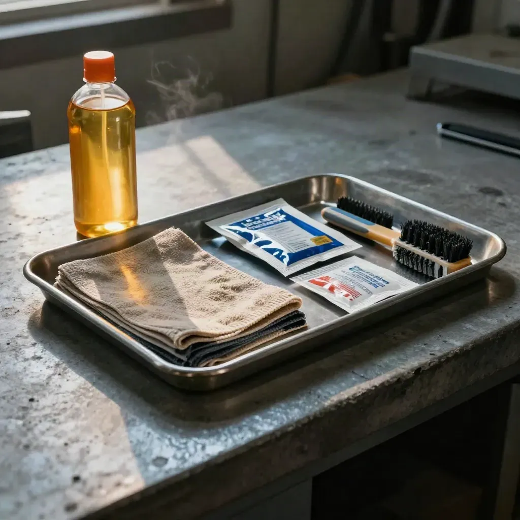 Maintenance kit with oil, cloths, brushes and tray on a dim workshop bench.
