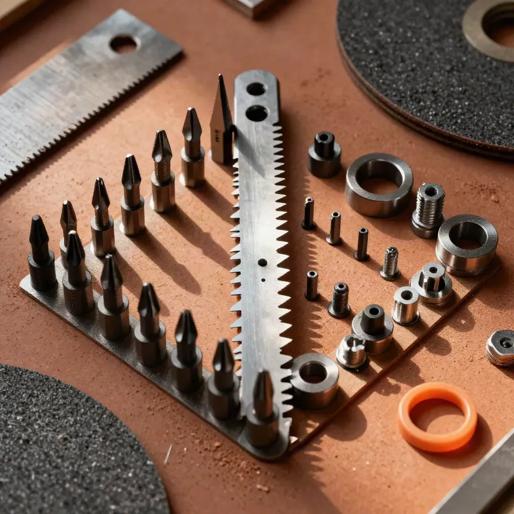 Overhead macro of saw blades, bits, discs, arbor rings and fixings sorted by size on terracotta clay.