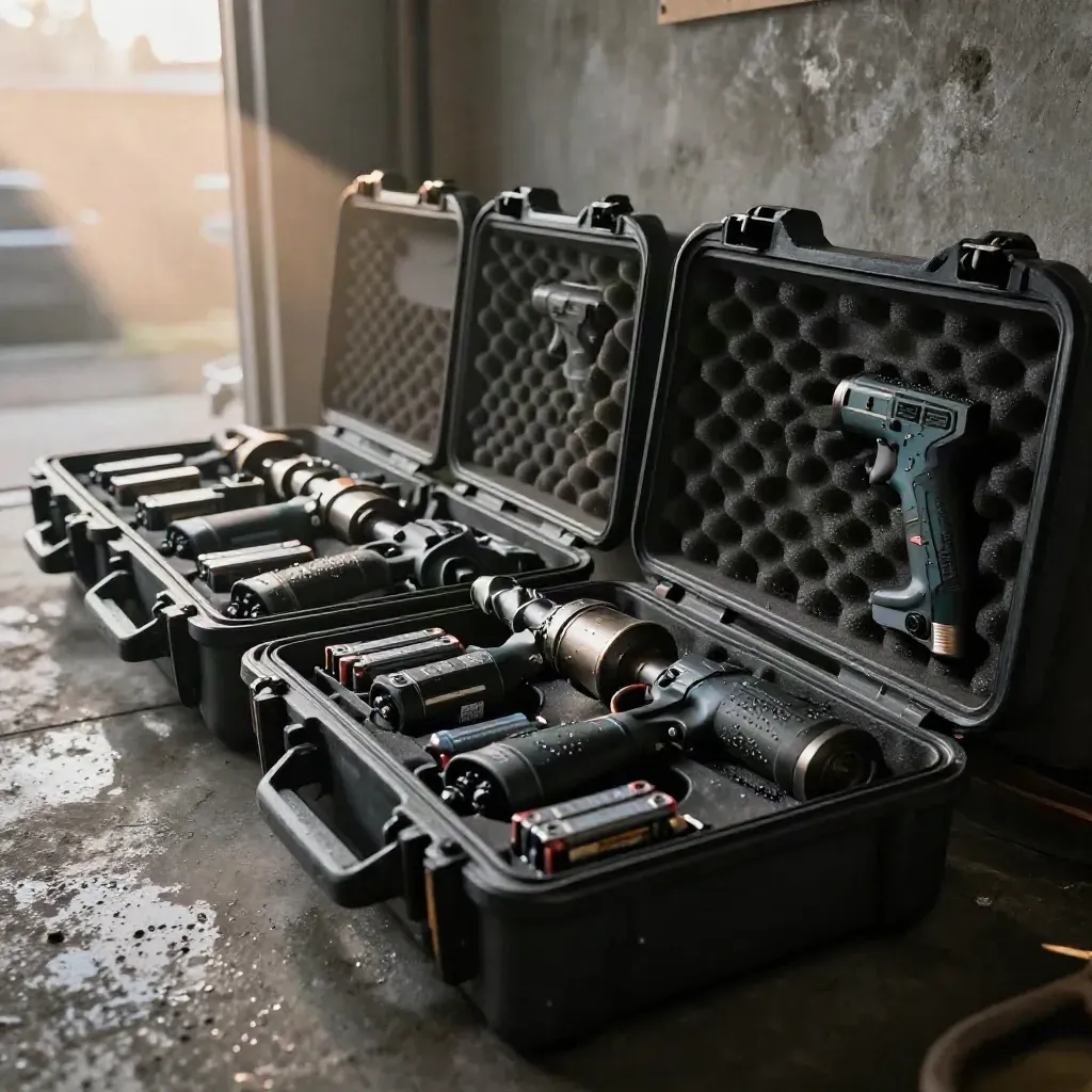 Open drill cases lined up in a damp storage bay, ready for pickup under soft morning light.