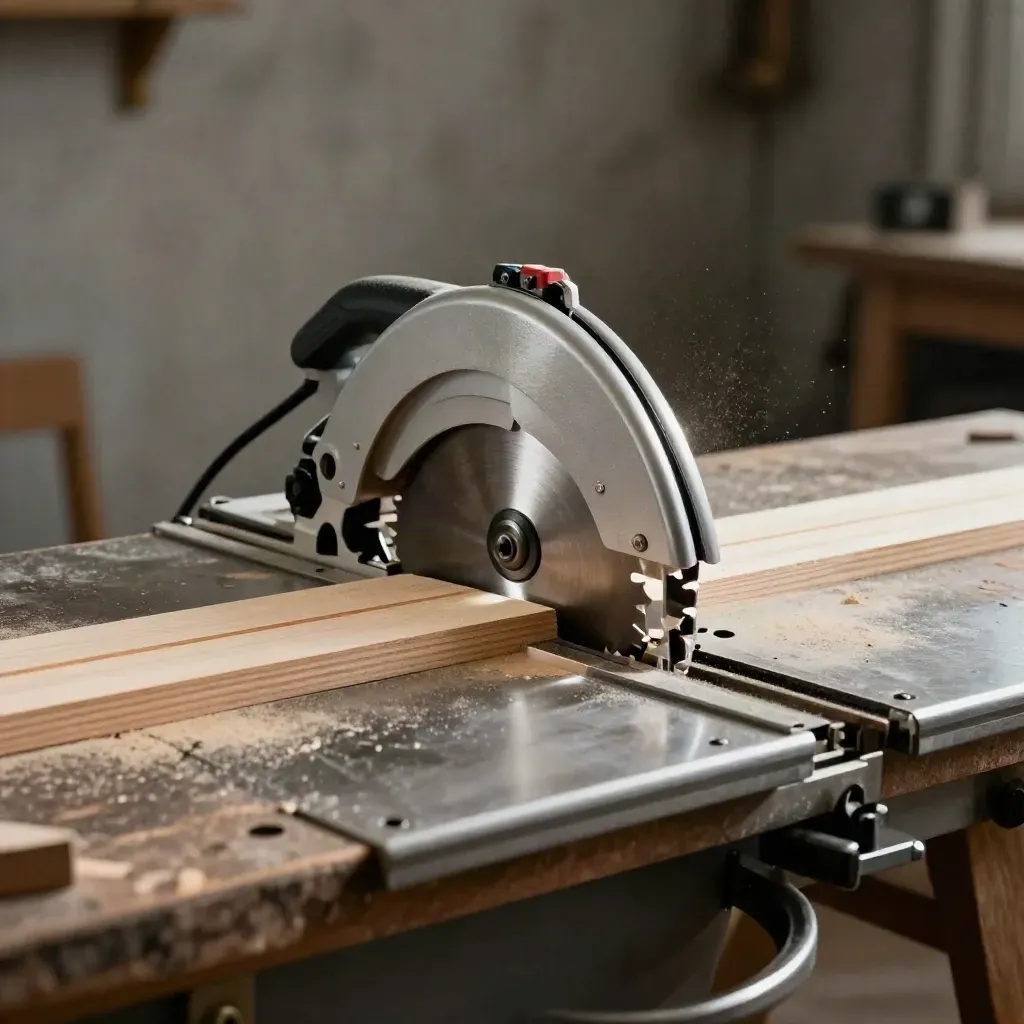 Low-angle bench saw with aligned blade, set guard, and drifting dust over joinery offcuts