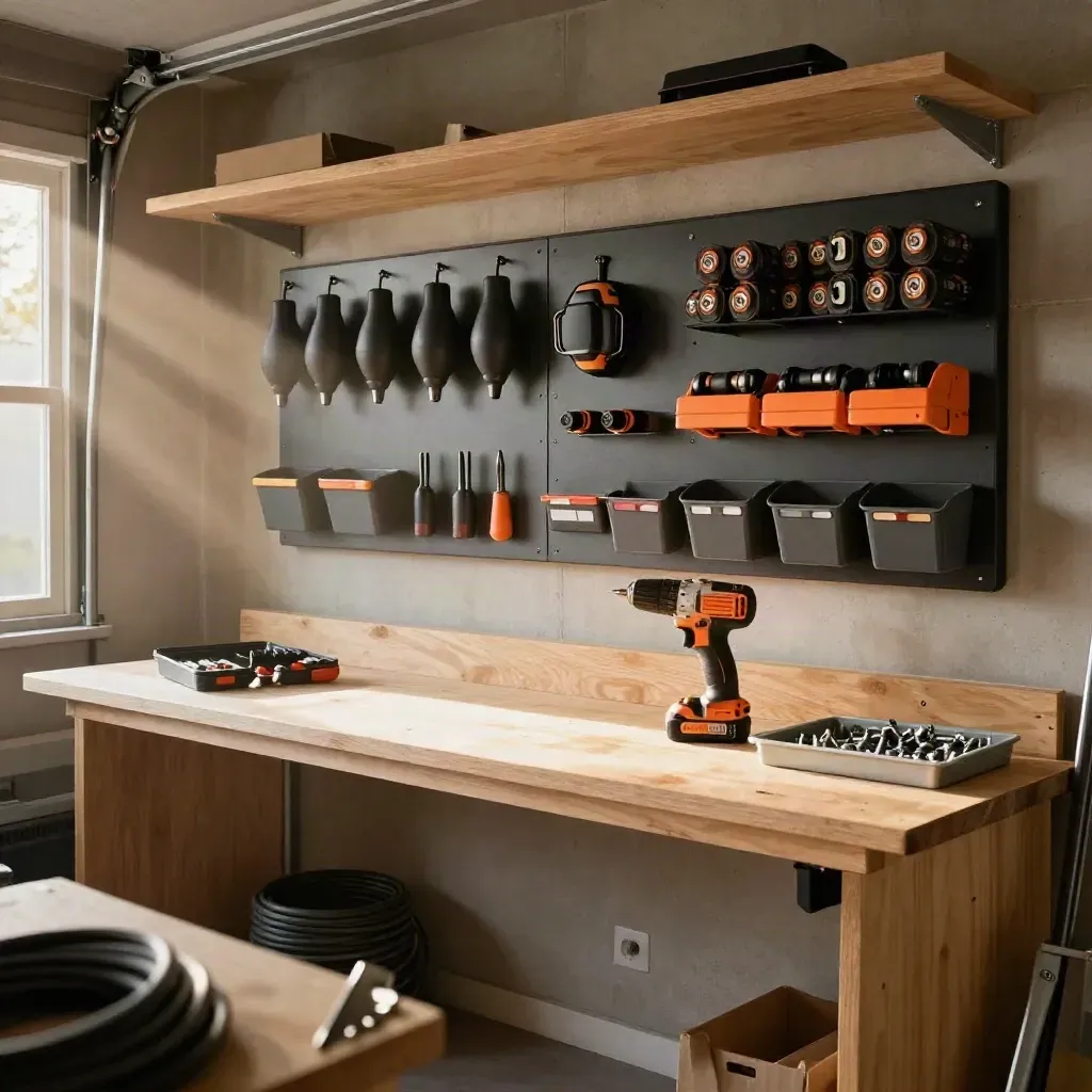 Tidy home garage workshop with chargers, storage bins and a cleared bench.