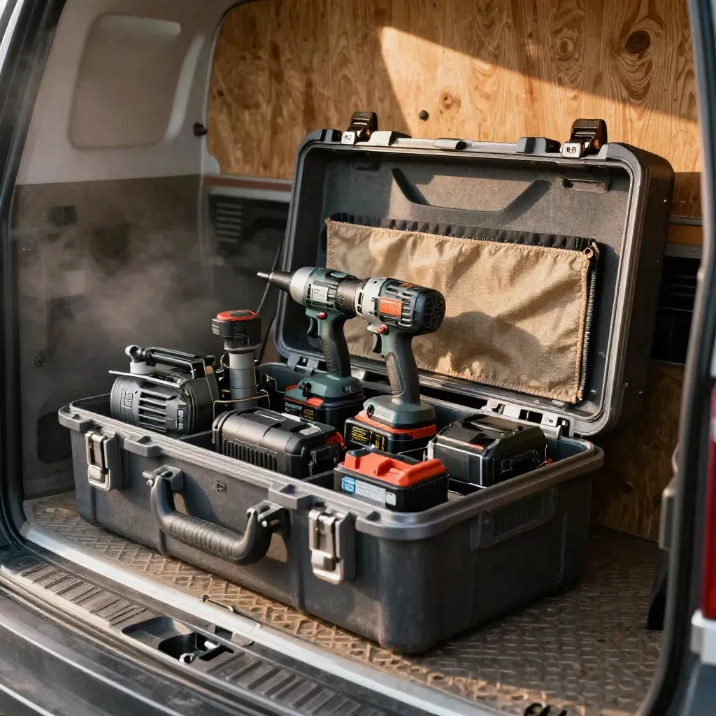 Winter-ready tool kit packed in a van bay with saws, drivers, batteries, and pump cases