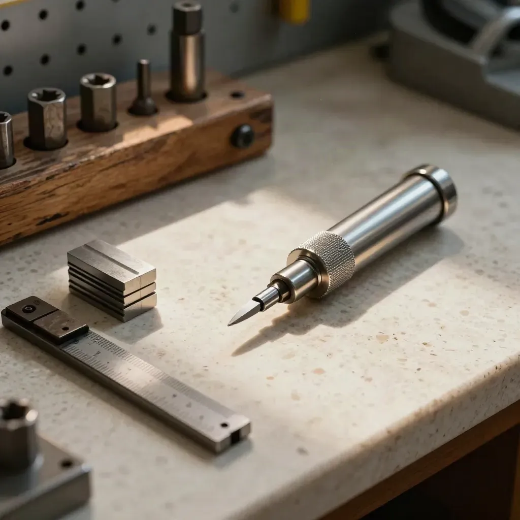 Tool calibration set on travertine bench: torque driver, torch, gauge blocks, socket rail.
