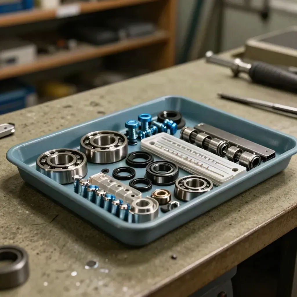 Close macro of bearings, seals, O-rings, fasteners and blade packs in a shallow parts tray.