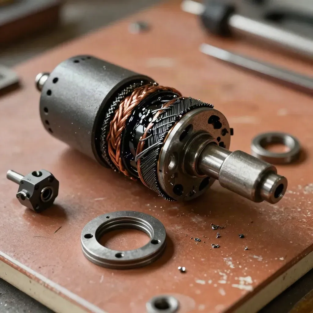 Opened drill motor parts arranged in an editorial macro repair still life.