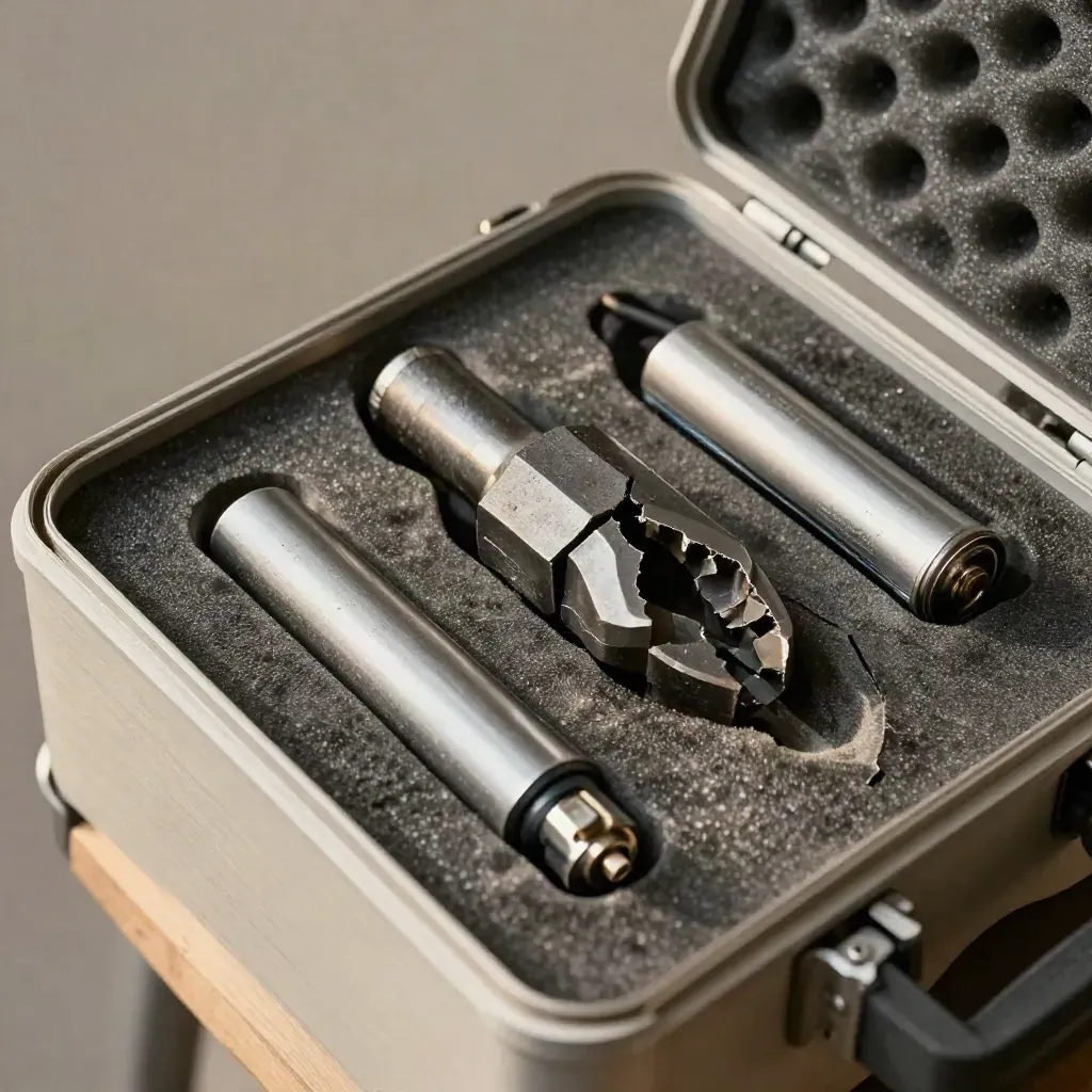 Cracked drill chuck, detached battery and foam-lined case on pale wood, overhead still life.