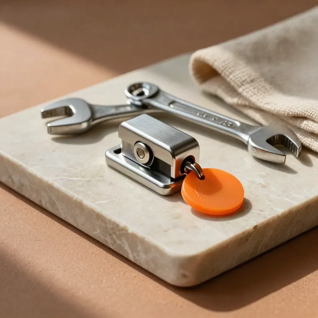 Tool case latch, orange token and wrench on a stone tray with soft light.