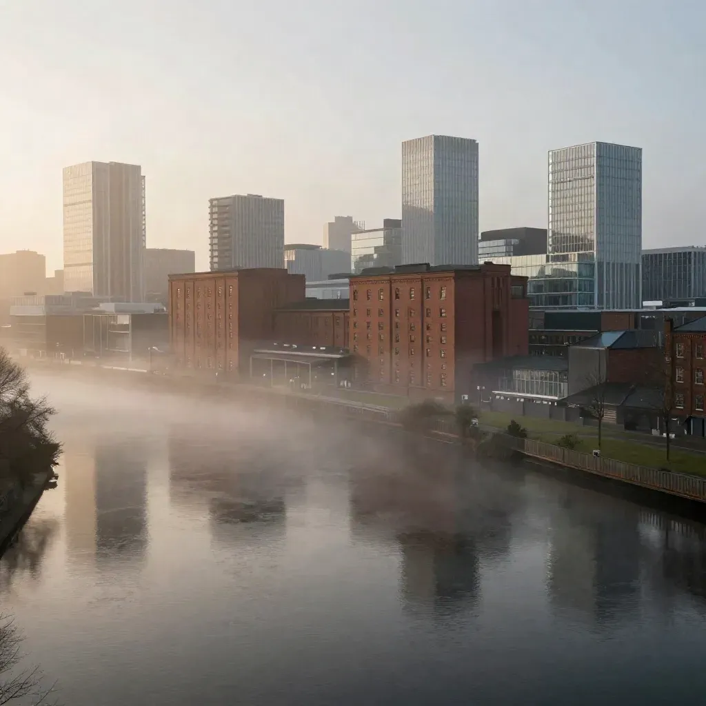Greater Manchester skyline of mills and glass towers above a misty river plain at dawn.