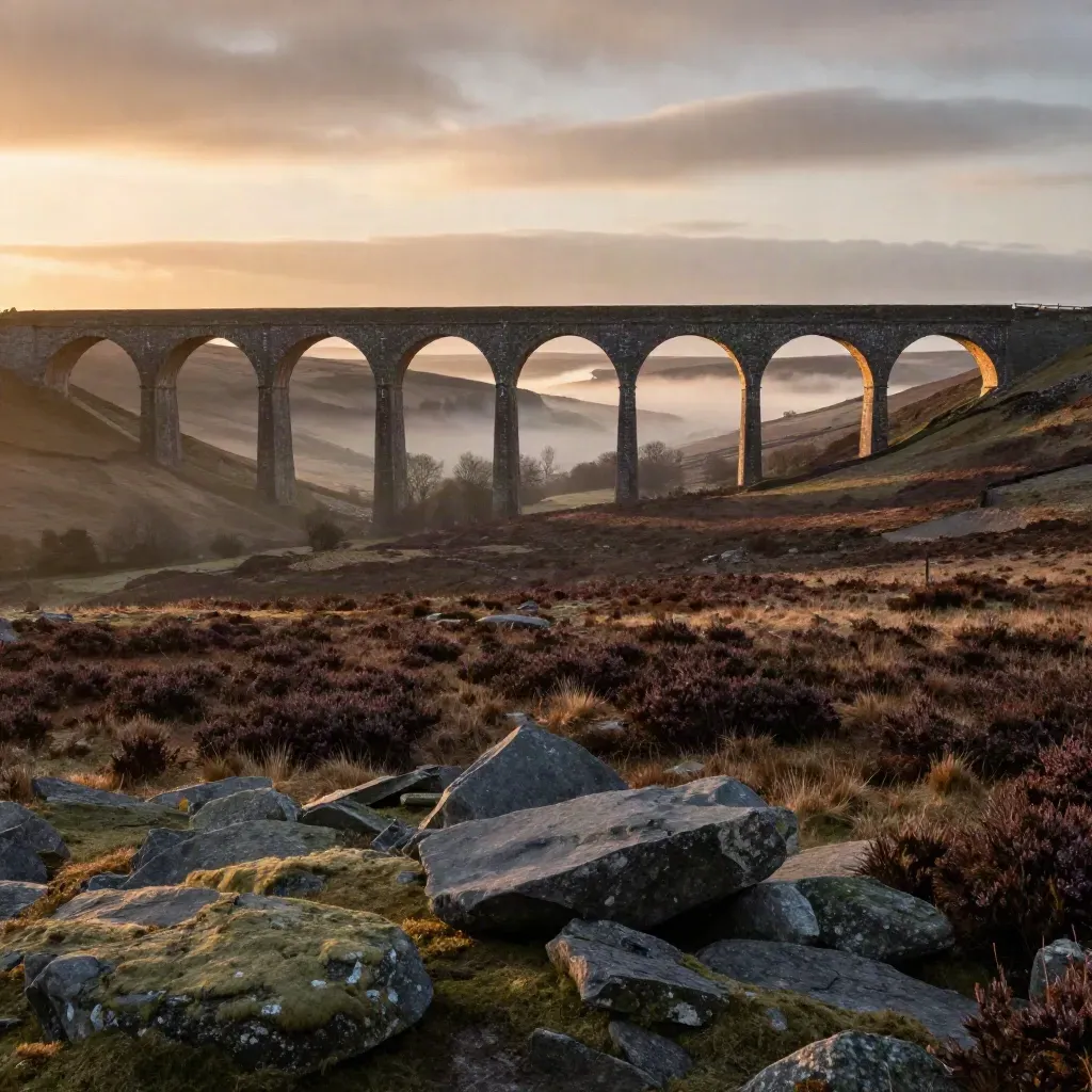 Lancashire moorland with stone viaduct above misty valley at golden hour.