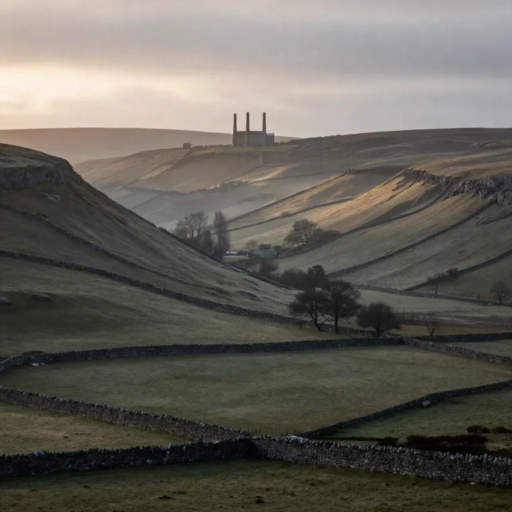 Misty West Yorkshire valley with mill silhouettes, dry-stone walls and calm open pasture.