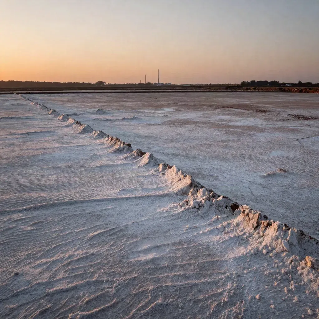 Salt flats with pale industrial towers on the horizon under warm haze