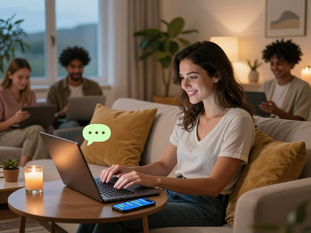 Engaging sex chat ai interaction in a cozy living room setting, with a woman smiling while chatting online.