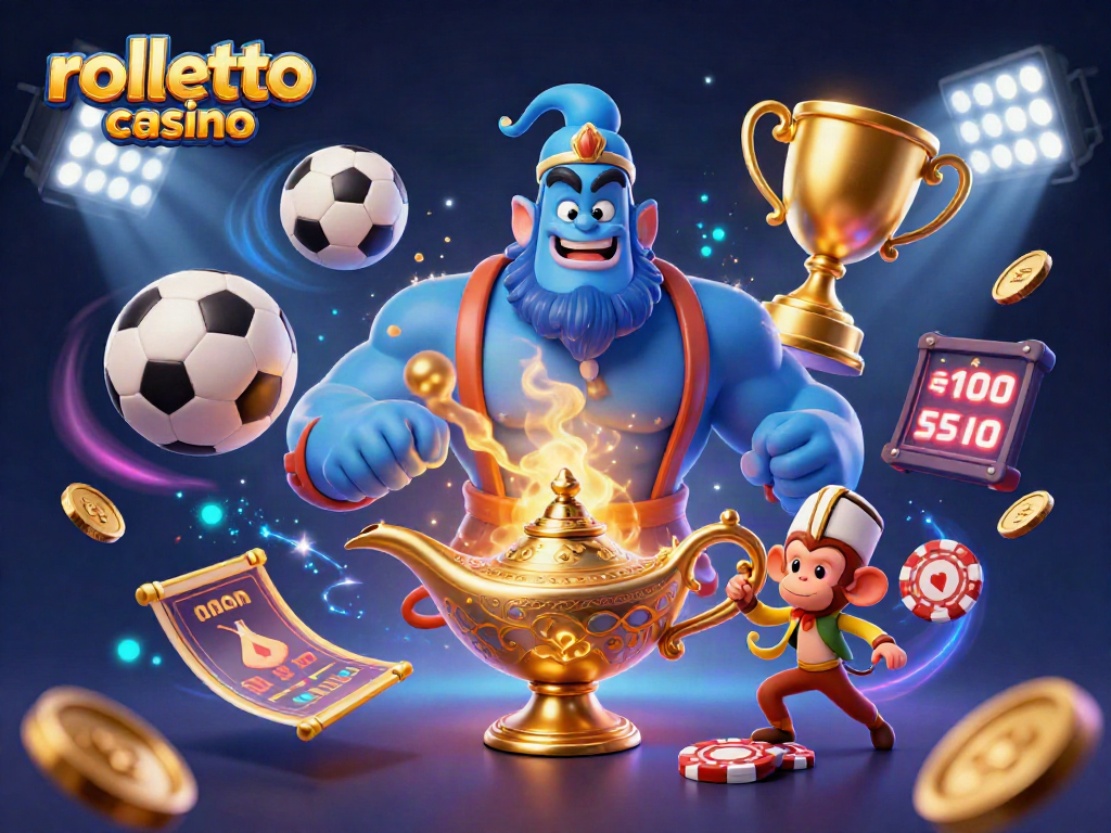 Experience the thrill of rolletto casino in a vibrant 3D illustration of a blue genie among gold coins and sports excitement.