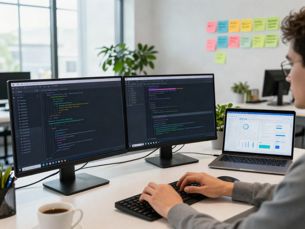 Instant indexing software development workspace with dual monitors and coding.