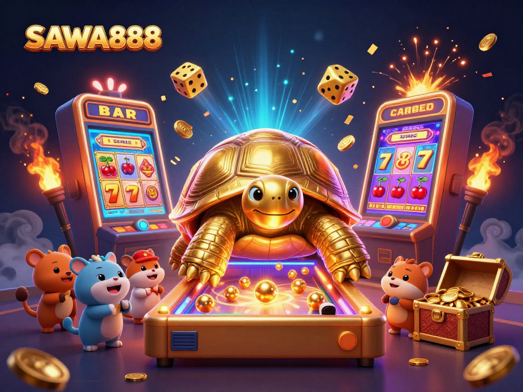 Experience the thrill of SAWA888 with vibrant slot and gaming elements in a lively casino scene.