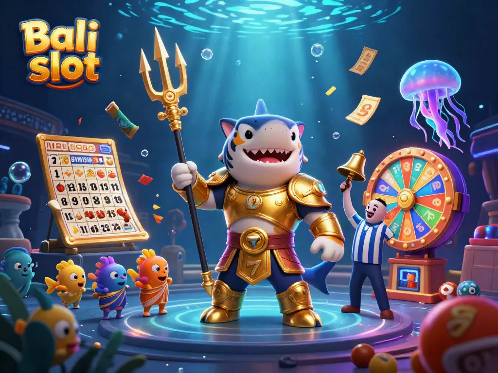 Engage in Bali slot adventures with an exciting underwater scene featuring a tiger shark and vibrant slot game elements.
