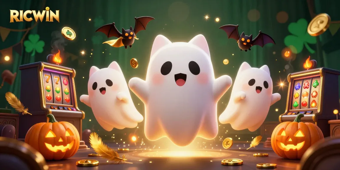 Floating ghost cat and vampire bat celebrate winning at RICWIN's haunted casino.
