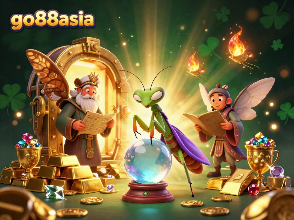 Engage with go88asia as a praying mantis fortune teller reveals fortunes surrounded by treasures.