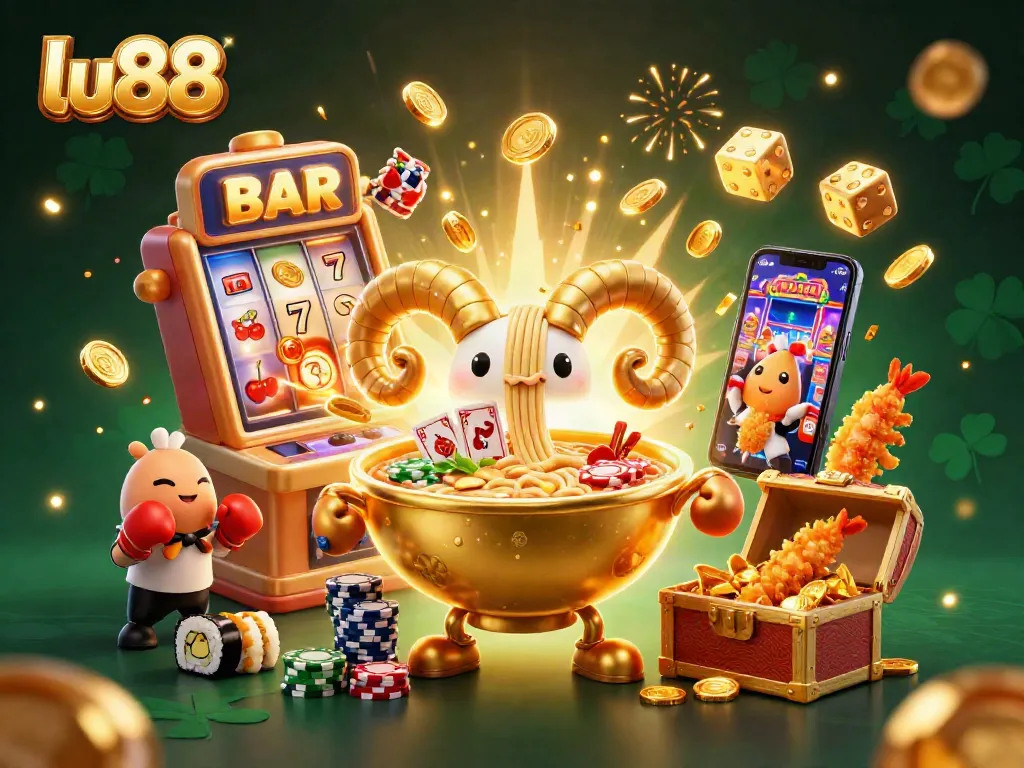 Experience lu88 with a vibrant 3D scene featuring a golden ramen bowl dealer amidst lively casino elements.